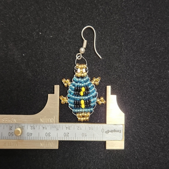 Handcrafted Beaded Blue and Gold Bug Earrings - Picture 4 of 5